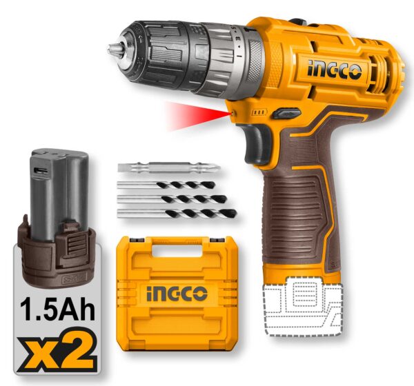 Trapano 12V a Percussione con Valigetta e 2 Batterie Ingco