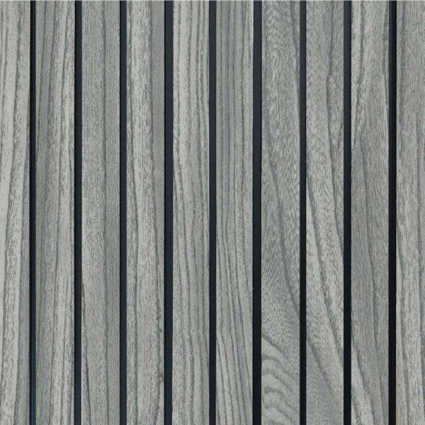 Pannello murale in PVC effetto legno 3D con doghe in tonalità grigia, design contemporaneo e resistente, SKU: PANMU-44037