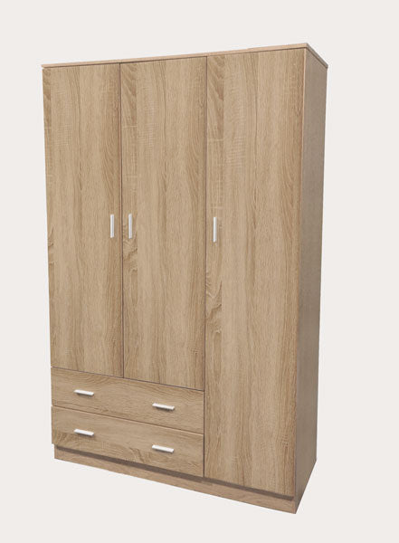 Armadio moderno Eurostar con 3 ante in finitura legno chiaro, 2 cassetti bassi, design funzionale e spazio di stoccaggio ampio, SKU: MK-SPACE120-RN