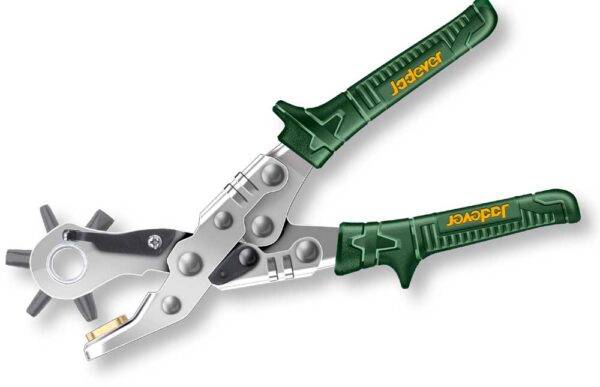 Fustellatrice Rotante 10" Jadever multifunzione con 6 punzoni per forare pelle e cartone, impugnatura ergonomica verde e gialla, utensile robusto.