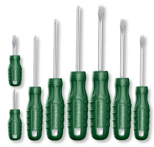 Set di 8 cacciaviti a croce e a taglio con impugnatura ergonomica verde, punte magnetiche in acciaio 40CR, ideali per lavori di precisione e riparazioni.