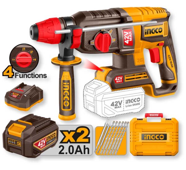Trapano demolitore a batteria 42V SDS Plus con impugnatura ergonomica, caricatore, due batterie 2.0Ah, set di punte e valigetta in plastica gialla