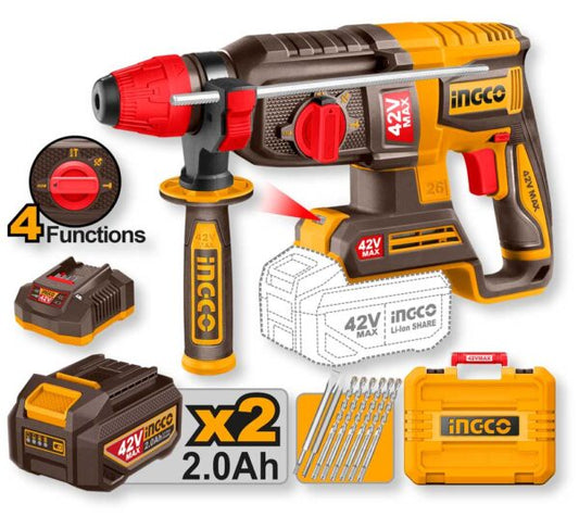 Trapano demolitore a batteria 42V SDS Plus con impugnatura ergonomica, caricatore, due batterie 2.0Ah, set di punte e valigetta in plastica gialla