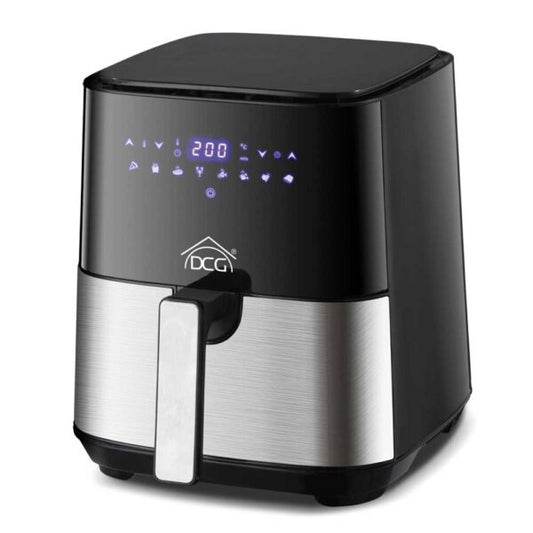 Friggitrice ad aria digitale con display LED, corpo in acciaio e plastica nera, capacità di 5 litri, funzione timer e controllo della temperatura