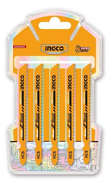 Set di 5 lame per seghetto alternativo in HCS per legno, lunghezza 100 mm, con dentatura a sega, confezione con blister trasparente e arancione