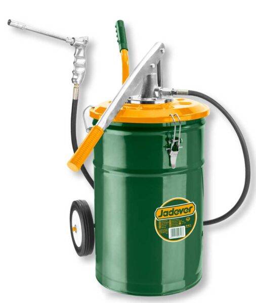Ingrassatore Manuale 25KG Alta Efficienza con serbatoio in acciaio verde e pistola push-pull, ideale per uso professionale in officina.