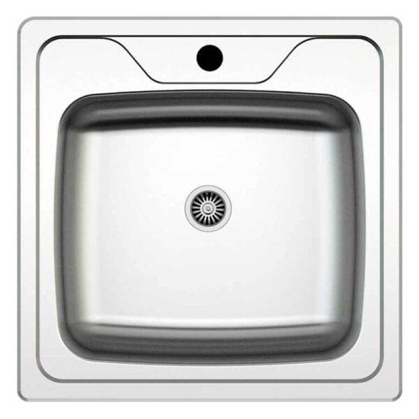 Lavello in acciaio inox satinato da incasso 50x50 cm con una vasca quadrata, foro per rubinetto e scarico centrale, ideale per cucina moderna