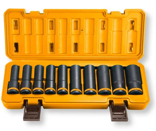 Set di bussole a impatto profondo in acciaio Cr-Mo nero, 10 pezzi da 10 a 24 mm, in valigetta gialla resistente, ideale per meccanica