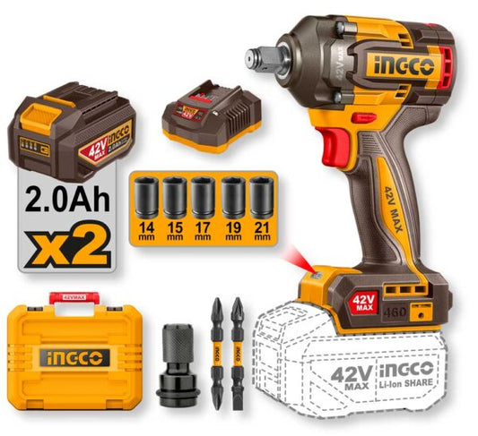 Avvitatore a impulsi brushless 42V con corpo ergonomico, in colore giallo e nero, dotato di batteria da 2.0Ah e accessori inclusi