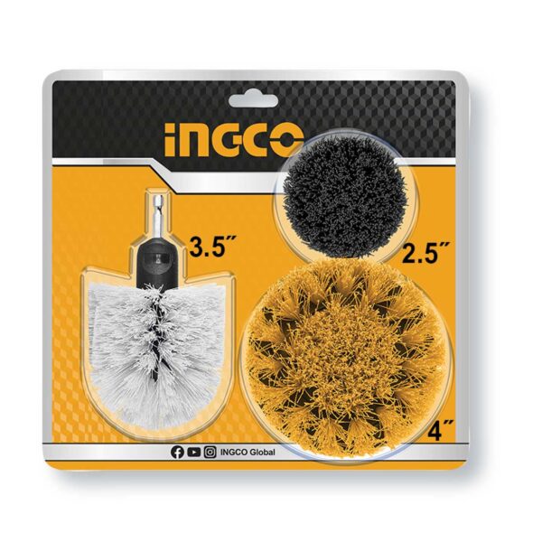 Set di 3 spazzole multiuso con gambo 1/4, diverse dimensioni, spazzola nera da 2,5 pollici, gialla da 4 pollici e bianca da 3,5 pollici, ideali per pulizie domestiche.