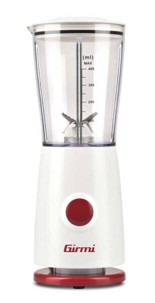 Frullatore compatto 170W con bicchiere graduato da 400 ml in plastica trasparente, base bianca con pulsante rosso, ideale per frullati