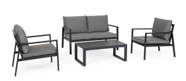 Salotto in alluminio Hilde antracite con divano 2 posti, 2 poltrone e tavolino, ideale per arredamento esterno moderno e resistente.
