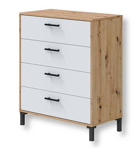 Cassettiera 4 cassetti in Rovere Nodi e Bianco Artik, struttura in legno con maniglie nere, dimensioni 78x40x94h cm, ideale per arredo moderno
