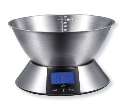 Bilancia da cucina digitale in acciaio inox con ciotola, display LCD blu, pesa fino a 5 kg, ideale per ricette e preparazioni culinarie