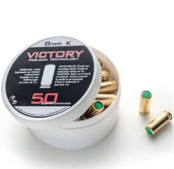 Confezione di 50 cartucce a salve calibro 8mm con bossolo in ottone e tappo verde, ideale per armi di difesa e addestramento, SKU: DS-CF-255-06