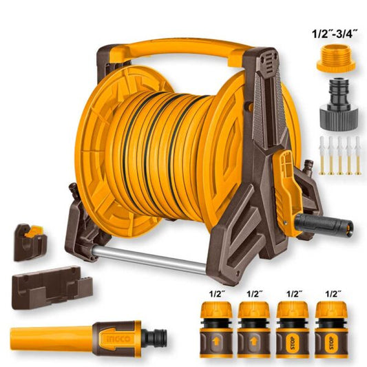 Kit avvolgitubo da 20 metri con supporto resistente, tubo flessibile in PVC arancione, raccordi rapidi e adattatore, ideale per giardini