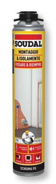 Schiuma poliuretanica a pistola da 750 ml colore champagne per isolamento e montaggio, contenitore cilindrico con beccuccio nero, ideale per lavori di edilizia e isolamento termico.