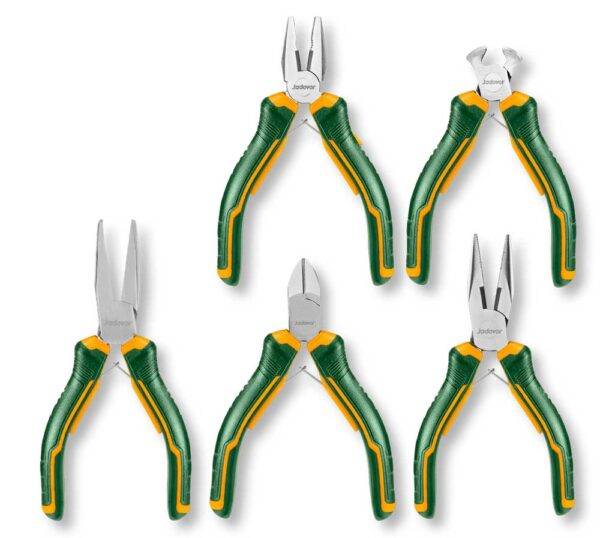 Set 5 Mini Pinze - Precisione per lavori elettronici fai-da-te, impugnatura ergonomica, ideali per spazi ristretti e modellismo.