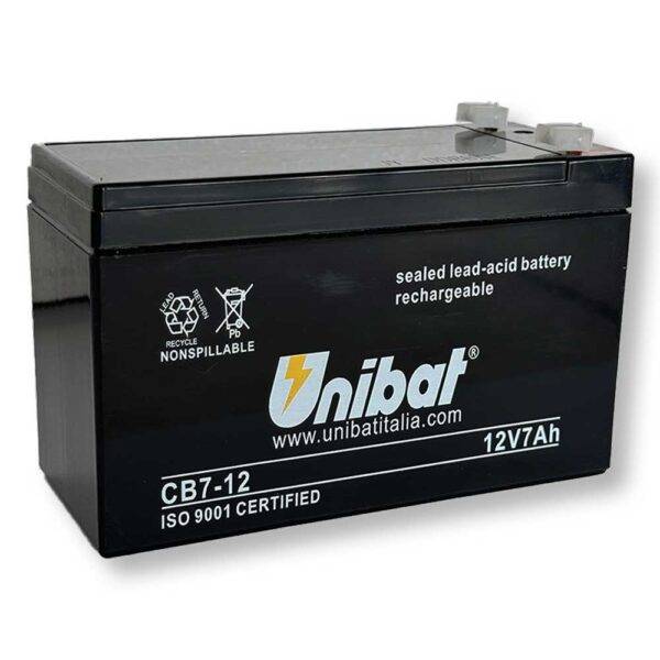 Batteria SLA Unibat 12V 7Ah piombo-acido sigillata, compatta e resistente, ideale per servizi di backup e applicazioni industriali, SKU: UNIBAT-040408
