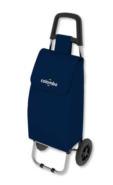 Carrello spesa con rivestimento in tessuto blu navy, manico ergonomico e ruote grandi per facile utilizzo