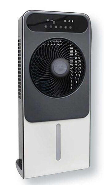 Ventilatore nebulizzatore 12 velocità con display LED, tanica da 1.5L e telecomando, design moderno per ambienti domestici. Ideale per rinfrescare casa in estate.