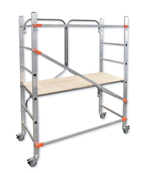 Trabattello in alluminio pieghevole con ruote e freno, struttura stabile, piano di lavoro in legno, ideale per lavori in altezza, SKU: TRA-FX001FL