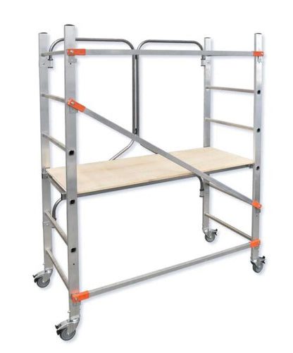 Trabattello in alluminio pieghevole con ruote e freno, struttura stabile, piano di lavoro in legno, ideale per lavori in altezza, SKU: TRA-FX001FL