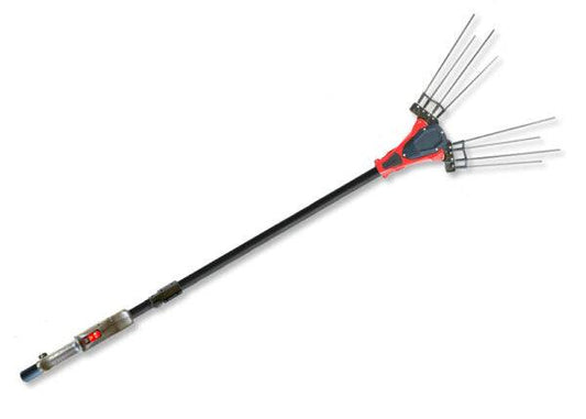 Scuotitore olive telescopico con motore brushless da 700W, asta in alluminio ERGAL lunga 288cm, con impugnatura rossa e sistema di movimento contrapposto