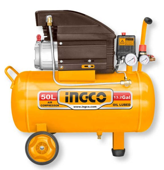 Compressore aria Ingco da 50 litri, lubrificato a olio, con serbatoio giallo, motore potente e manometro, ideale per uso domestico e hobby