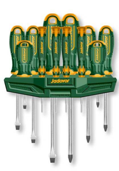 Set di 16 cacciaviti di qualità Jadever con impugnature ergonomiche verdi e gialle, supporto da parete incluso per una facile organizzazione.