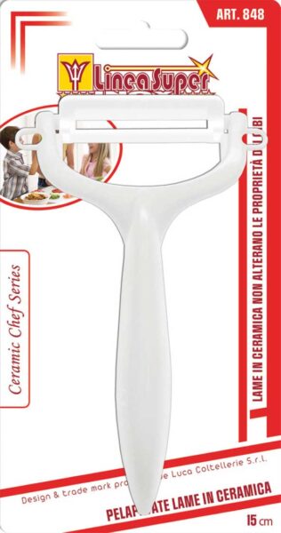 Pelapatate in ceramica Chef Series con lama inalterabile da 15 cm, ideale per uso professionale in cucina. Utensile da cucina bianco con impugnatura ergonomica.