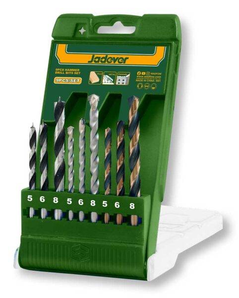 Set 9 punte trapano assortite Jadever in confezione verde, ideale per forare legno, metallo e cemento. Accessorio versatile per trapani Eurogross.