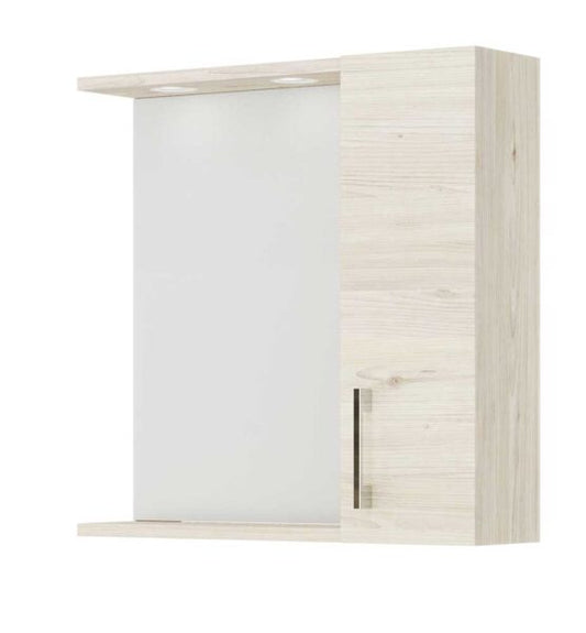 Specchiera contenitore bagno LED in finitura Rovere Ghiaccio con anta a destra, due faretti LED, design elegante e funzionale, dimensioni 58x17x60cm