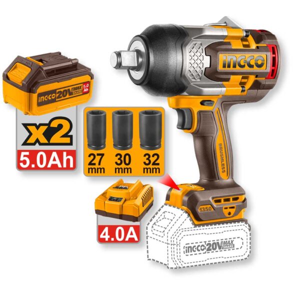 Avvitatore ad impulsi brushless Ingco 20V con corpo in plastica nera e gialla, batteria da 5.0Ah, accessori e valigetta di trasporto