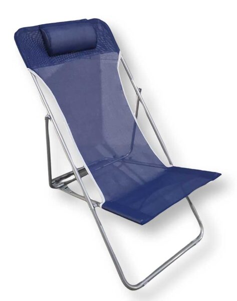 Sdraio mare pieghevole con struttura in acciaio e rivestimento in tessilene blu, con poggiatesta, perfetta per relax all'aperto in spiaggia o giardino