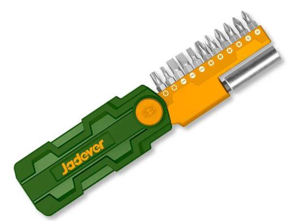 Set chiavi a bussola 12 pezzi portatile con impugnatura verde e gialla, ideale per lavori fai da te e professionali. Include portabit integrato.