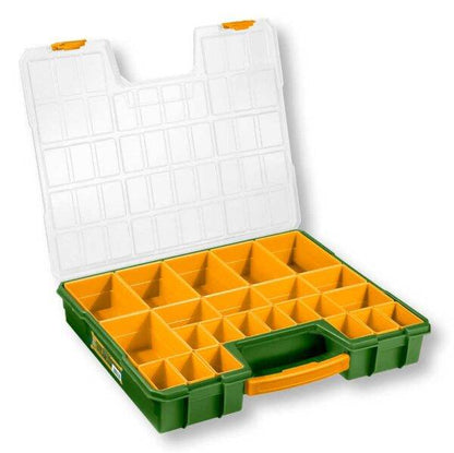 Valigetta porta minuterie plastica 16.5'' con 23 scomparti removibili, coperchio trasparente e maniglia robusta per trasporto facile.