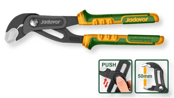 Pinza regolabile Jadever con apertura rapida di 50mm, acciaio resistente, manici ergonomici gialli e verdi, ideale per serraggio.