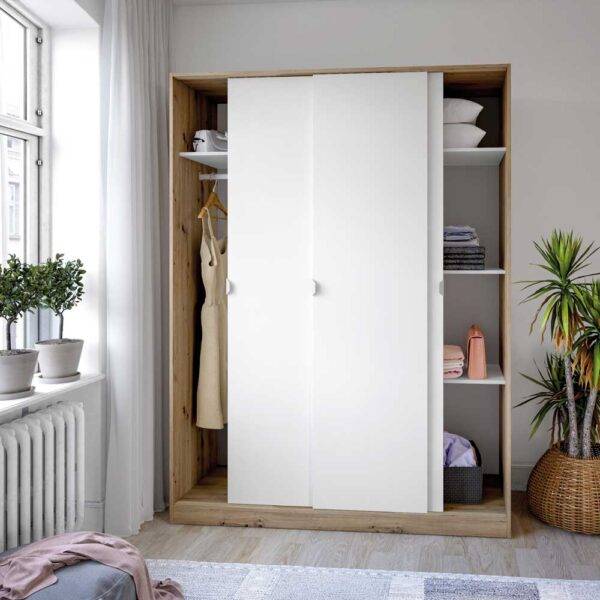 Armadio 3 Ante Scorrevoli 150x50x200h Bianco Artik e Rovere Canadian