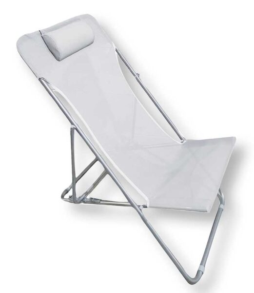 Sdraio mare pieghevole con struttura in acciaio e rivestimento in tessilene bianco, con poggiatesta, ideale per relax in spiaggia o campeggio