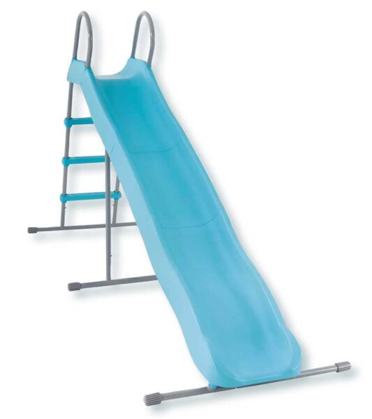 Scivolo per bambini in plastica azzurra con struttura in acciaio, design curvo e superficie liscia, ideale per giardino e giochi all'aperto