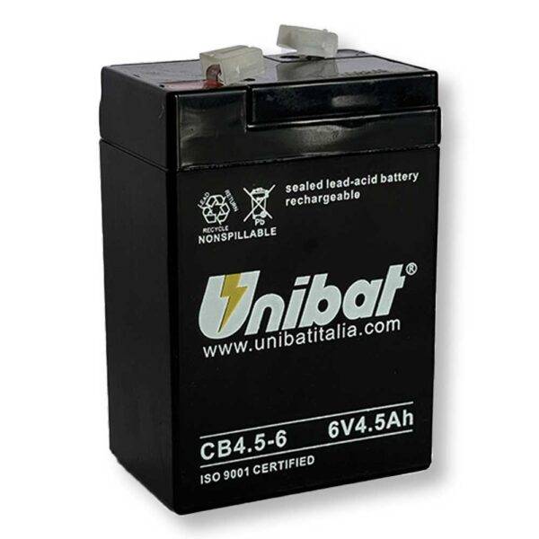 Batteria SLA Unibat 6V 4.5Ah sigillata, piombo-acido, nera, compatibile con dispositivi di backup e UPS, con terminali di connessione robusti