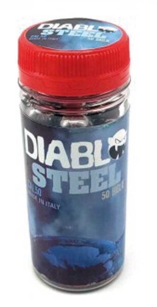 Contenitore cilindrico in plastica trasparente con tappo rosso, munizioni in acciaio cal.50 per pistole CO2 e fionde, 50 pezzi, design robusto