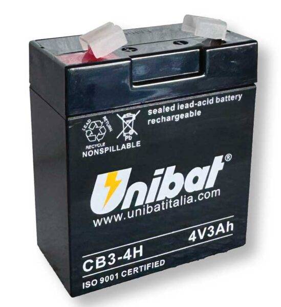 Batteria SLA ricaricabile da 4V 3Ah di colore nero con etichetta Unibat, design compatto, ideale per sistemi di backup energetico, SKU: UNIBAT-048244