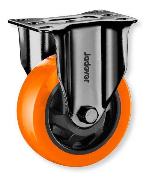 Ruota industriale con piastra fissa in plastica PP e PVC arancione, diametro 50mm, portata 50kg, con doppio cuscinetto, ideale per mobili e attrezzature