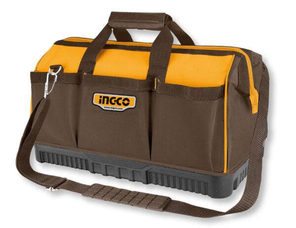 Borsa portautensili Ingco 60 cm in tessuto resistente marrone e giallo con manici, tracolla regolabile e scomparti esterni, ideale per professionisti.