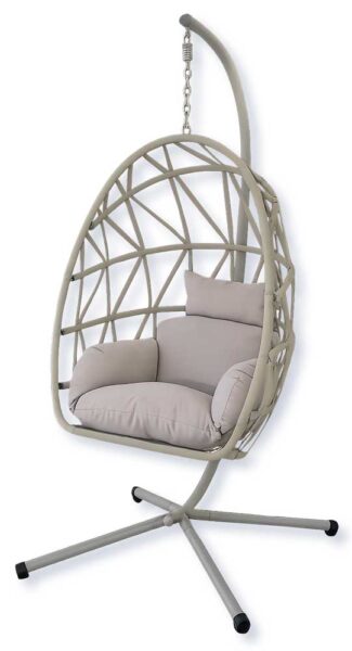 Poltrona pensile da giardino in rattan sintetico tortora con cuscini imbottiti, struttura a forma di gabbia, supporto a base stabile, ideale per relax outdoor