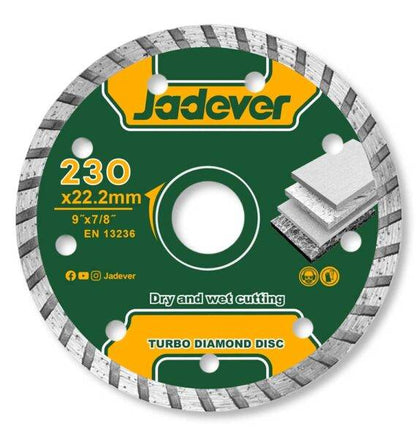 Disco diamantato turbo da 230 mm per tagli rapidi e precisi, con diametro di 22,2 mm, adatto per edilizia e bricolage, in confezione con logo Jadever