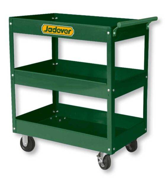 Carrello portautensili acciaio 3 piani con ruote, colore verde, struttura robusta per officine e garage, dimensioni 719x365x663 mm.