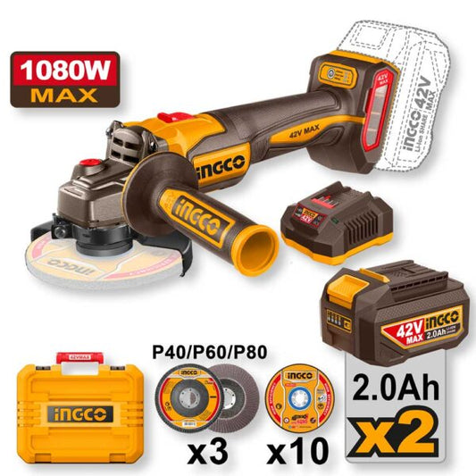 Smerigliatrice angolare senza fili da 115 mm con motore brushless da 42V e potenza 1080W, include batteria da 2.0Ah, disco abrasivo e lamellare, design ergonomico nero e giallo.